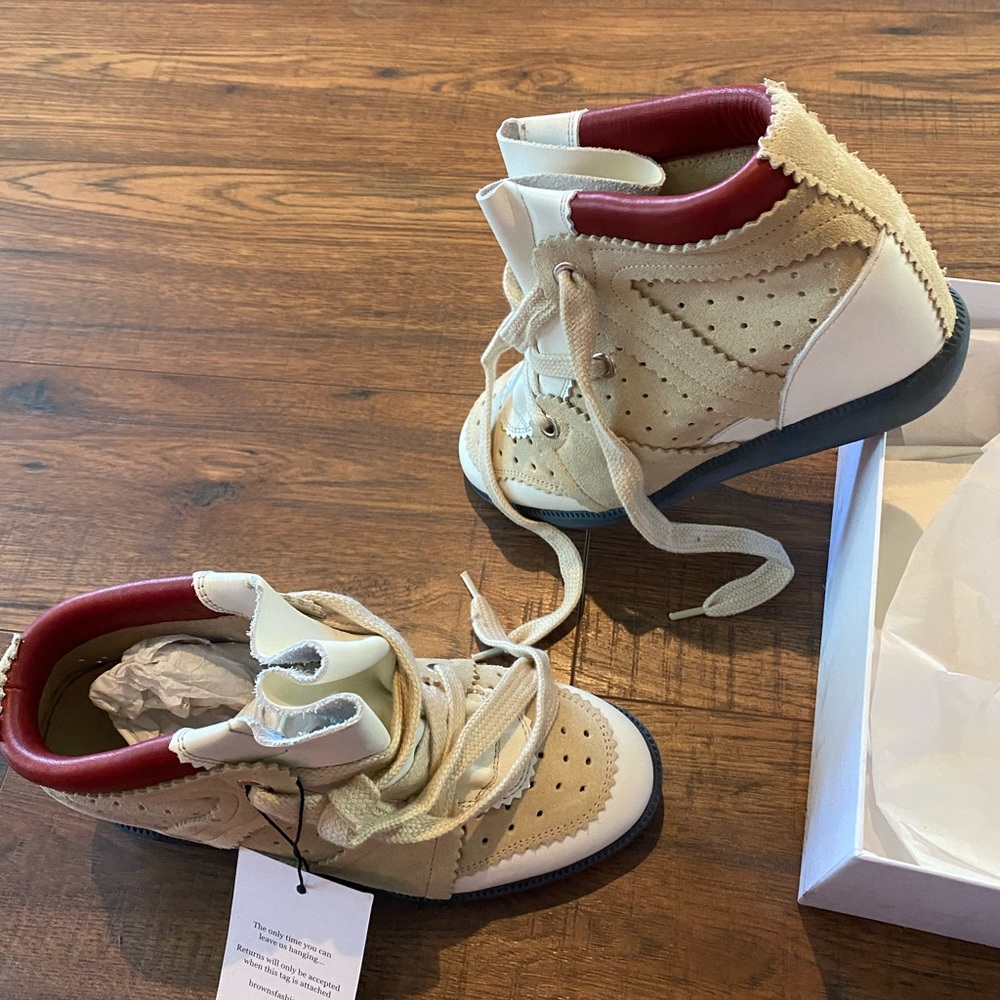 Isabel Marant Beige, White & Red Perforated Wedge Sneaker Boots - Picture 6 of 10